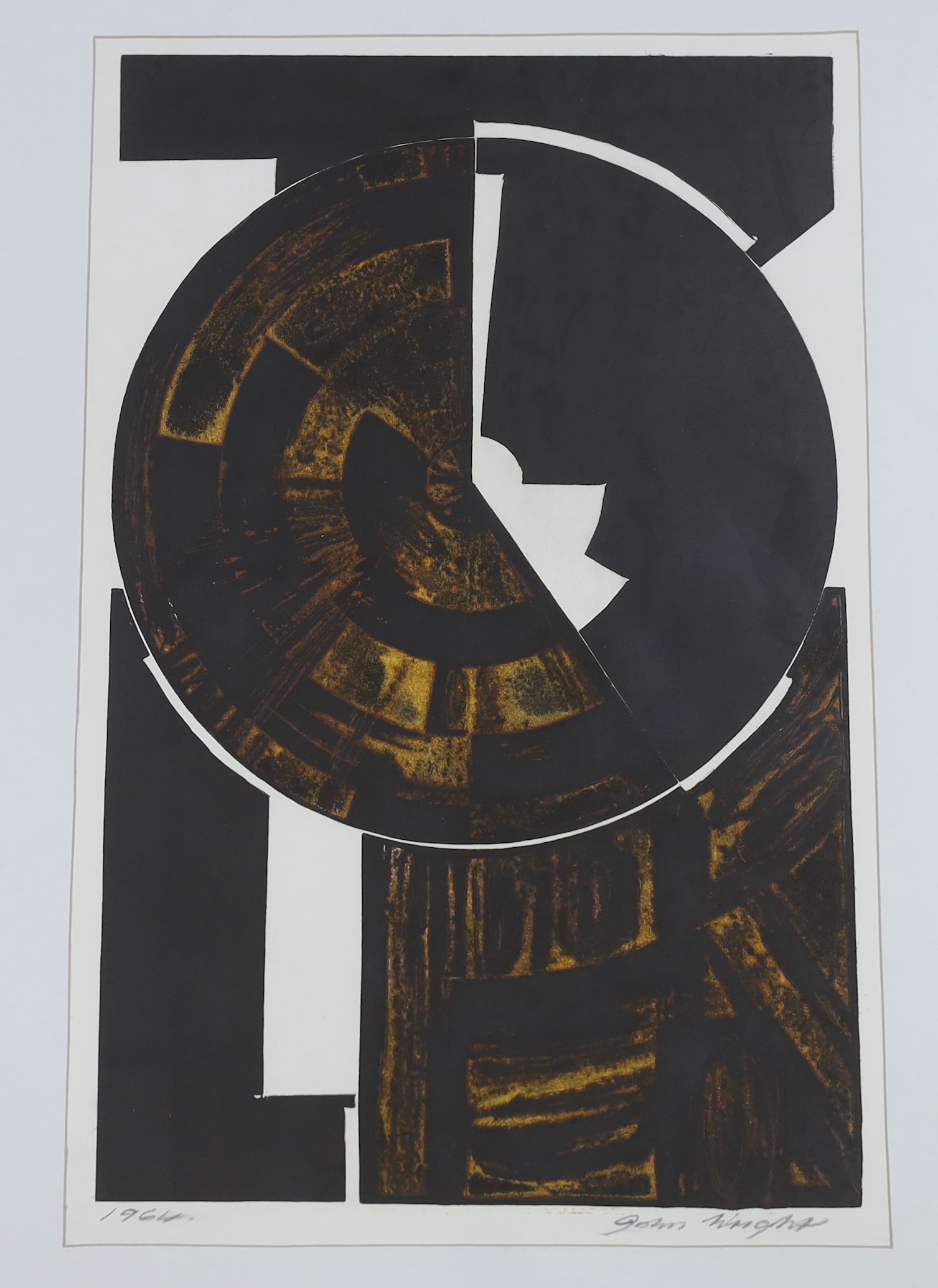 John Wright RE, ARCA (1927-2001), two colour prints, one with collage, Abstract compositions, each signed and dated in pencil, largest 51 x 32cm